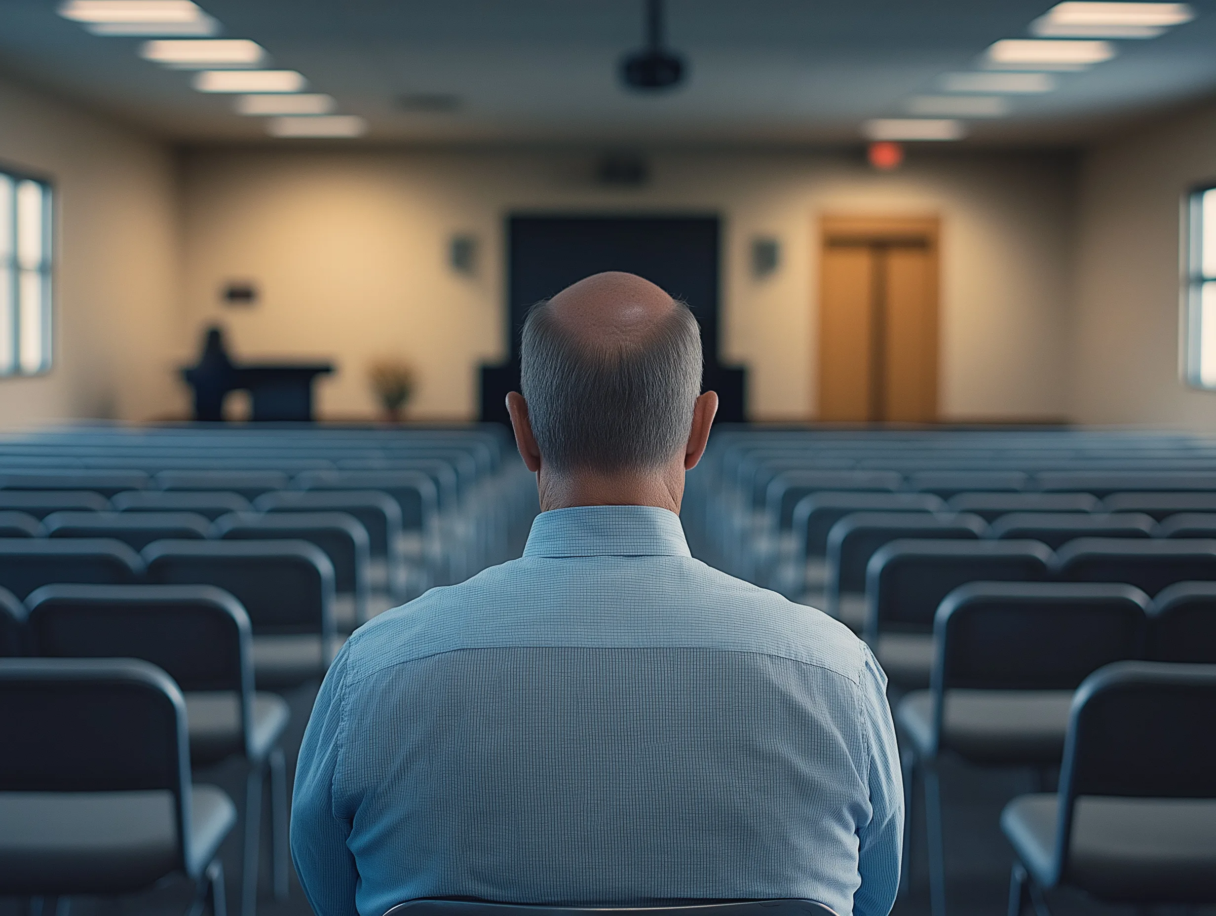 A pastor sits alone in the front row of an empty community-center-style church space at dusk, seen from behind, shoulders slumped, cool blue-gray light.