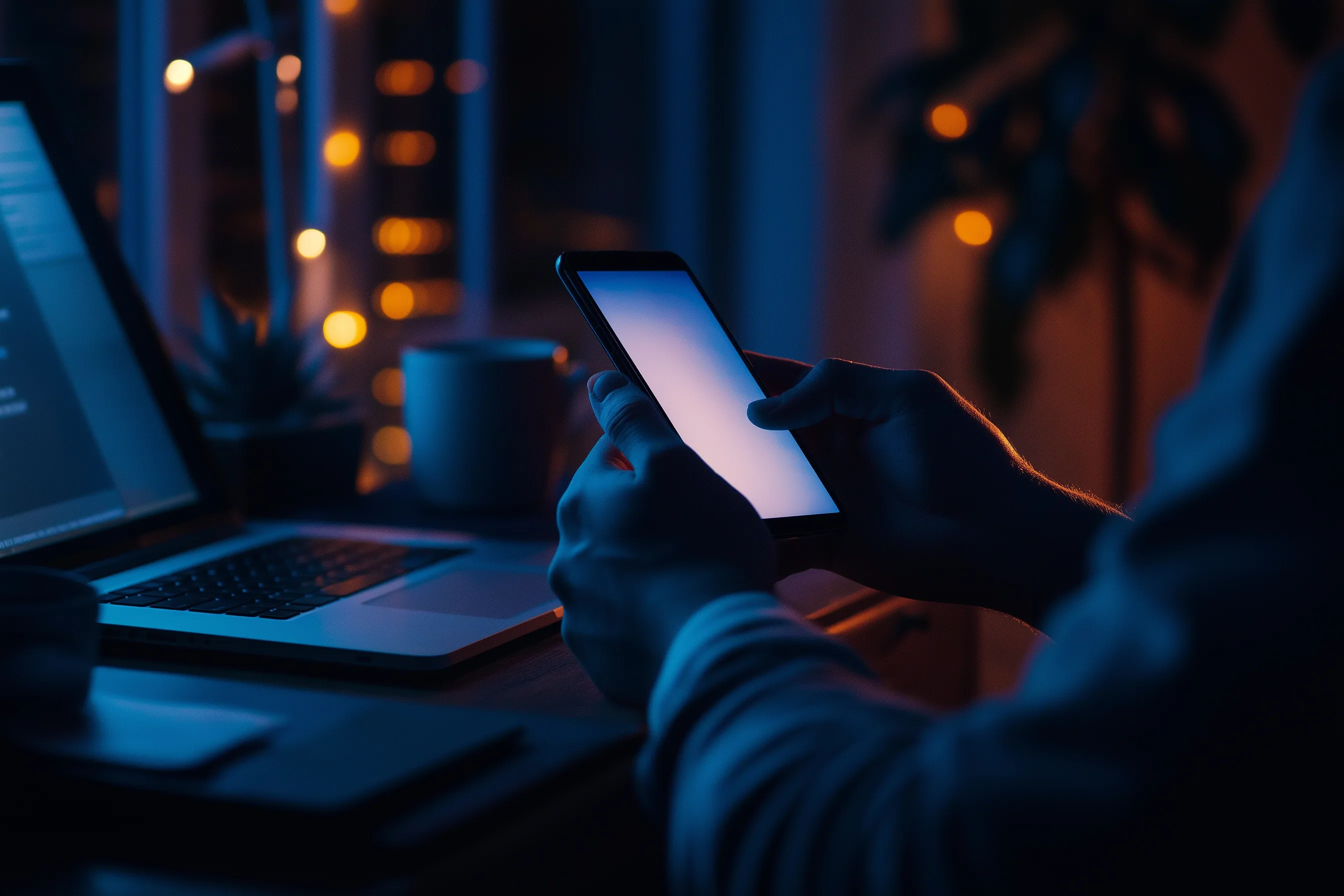 A man's hands hold a smartphone in a darkened home office at night. The screen's bluish glow is the only light in the frame.
