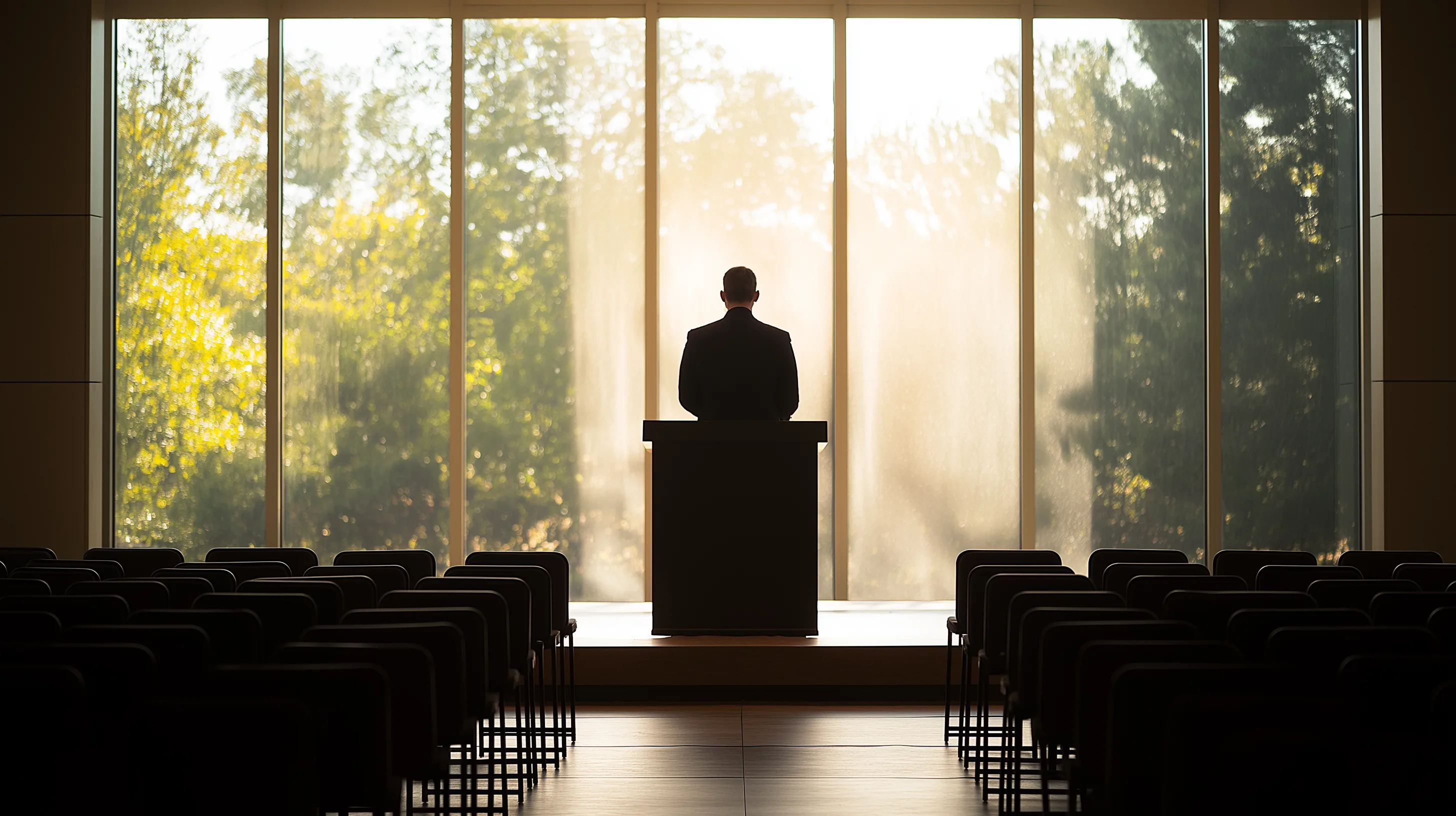 A pastor stands alone behind a modern lectern at the front of an empty community-center-style church space, side-back silhouette, warm golden light through modern windows behind him.