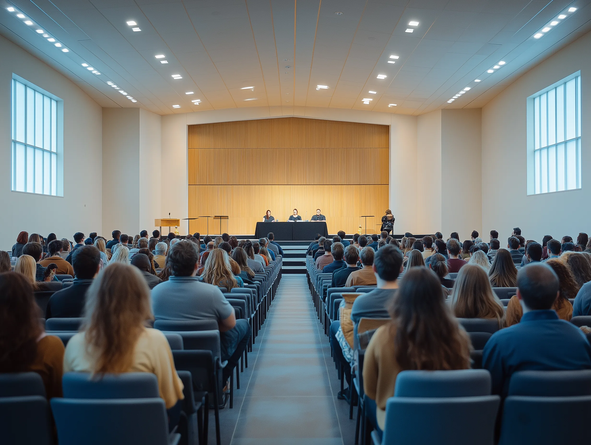 A modern community-center-style church space during Sunday service. Every padded stackable chair is full and people are standing along the back wall. Warm golden light from modern windows.